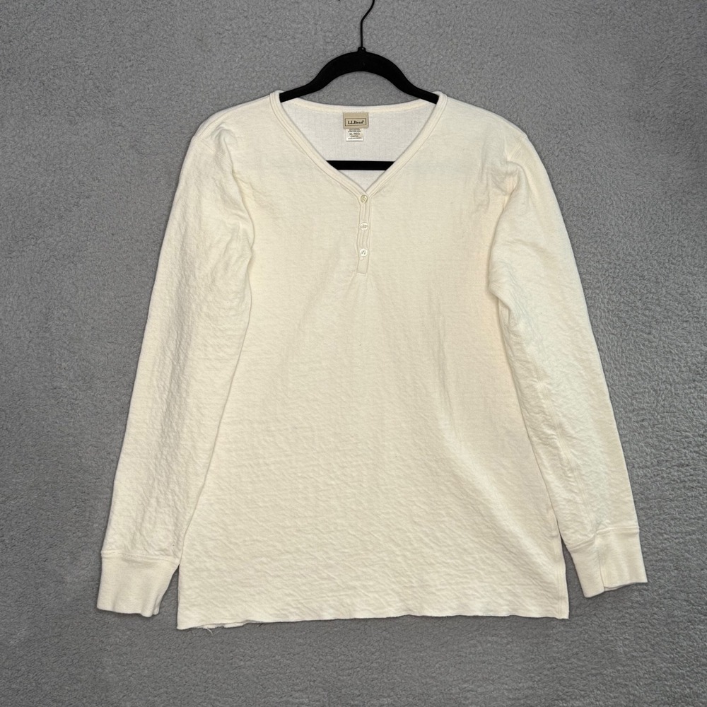 LL Bean Womens XL Cream Cotton Wool Blend Dual Layer Henley Thermal Top OWP58